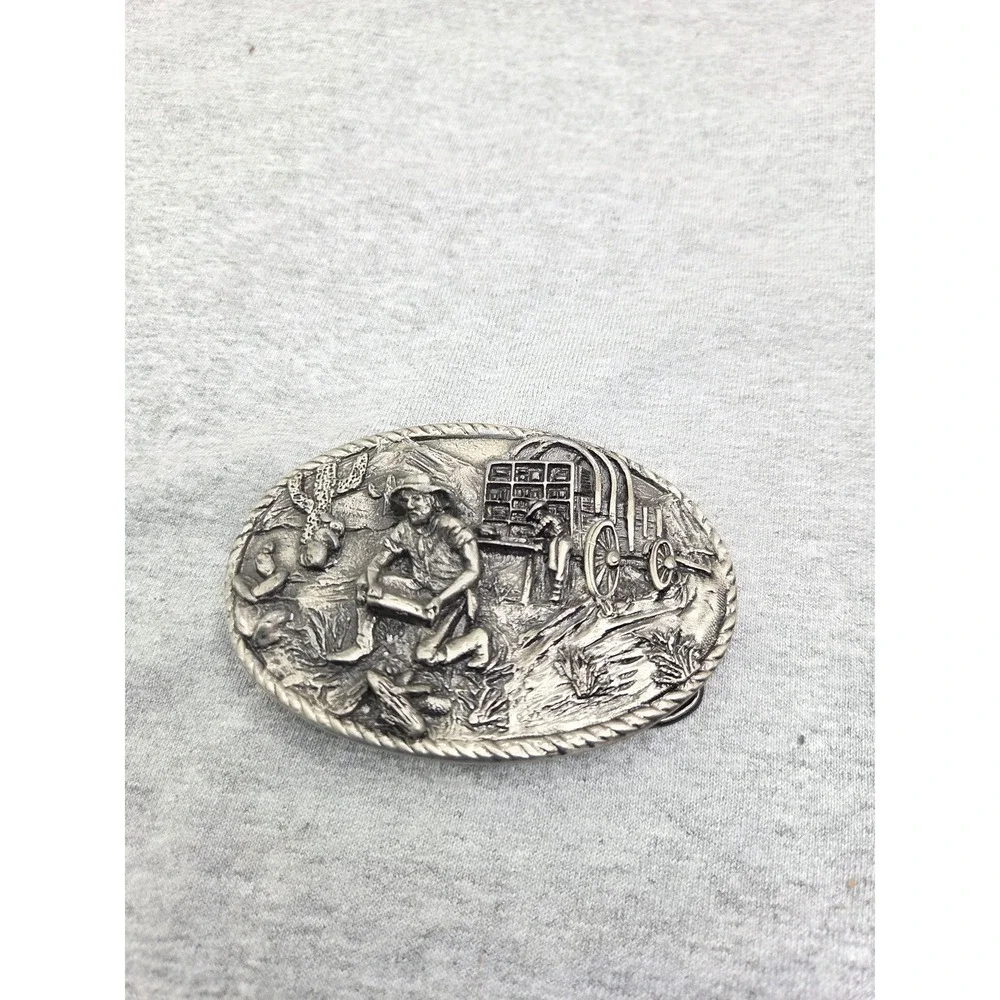 Rare 1986 Vintage Western Frontier Gold Mining Pewter Heavy Belt Buckle Mens
